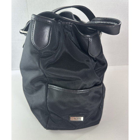 Tumi Leather Trim Nylon Tote Travel Shoulder Bag Black Open Top Zip Pocket - Picture 3 of 16